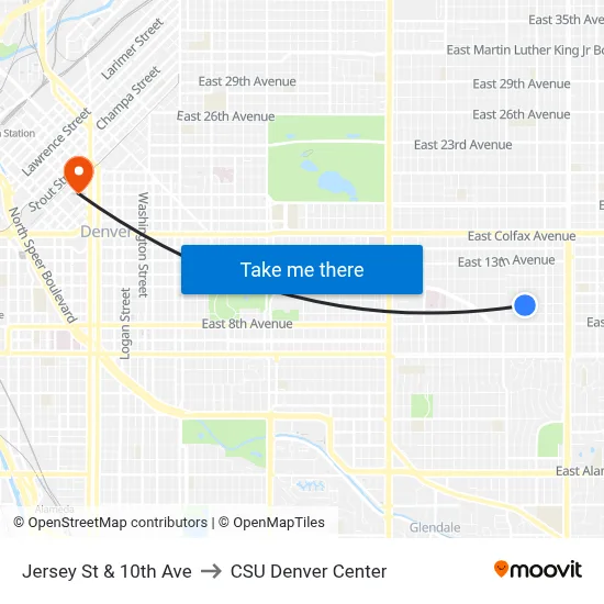 Jersey St & 10th Ave to CSU Denver Center map