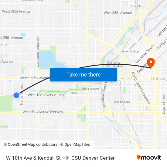 W 10th Ave & Kendall St to CSU Denver Center map
