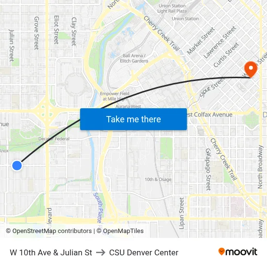 W 10th Ave & Julian St to CSU Denver Center map