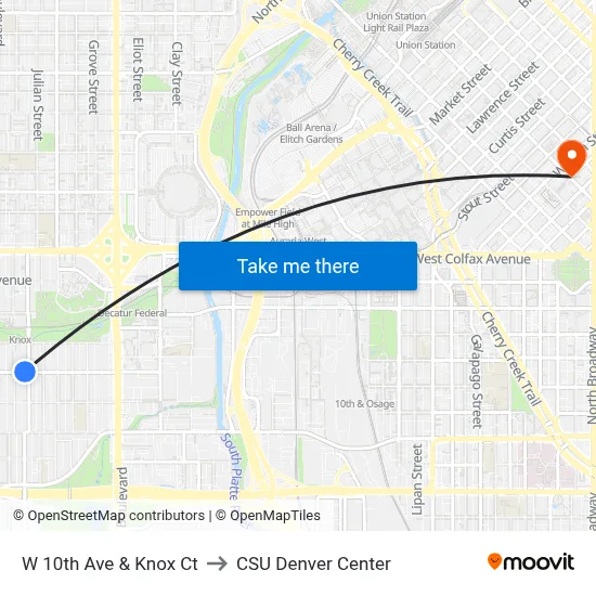W 10th Ave & Knox Ct to CSU Denver Center map