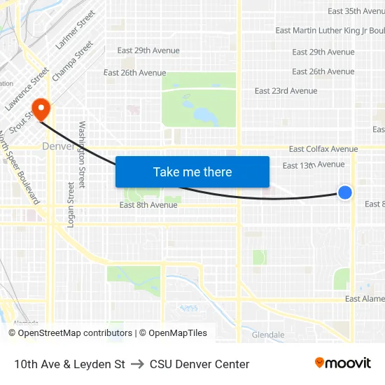 10th Ave & Leyden St to CSU Denver Center map