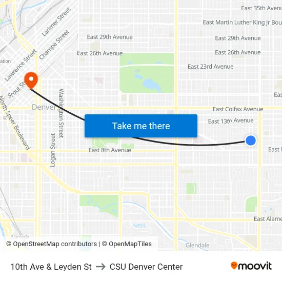 10th Ave & Leyden St to CSU Denver Center map