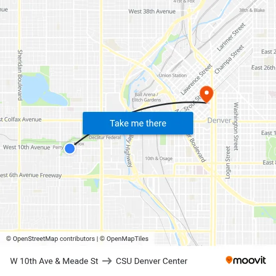W 10th Ave & Meade St to CSU Denver Center map