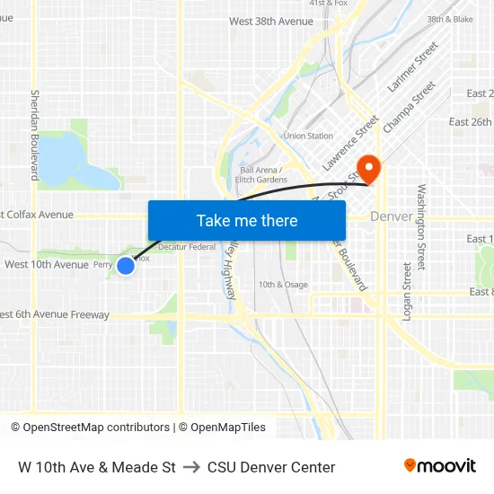 W 10th Ave & Meade St to CSU Denver Center map