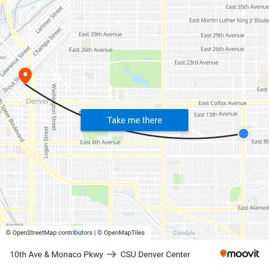 10th Ave & Monaco Pkwy to CSU Denver Center map
