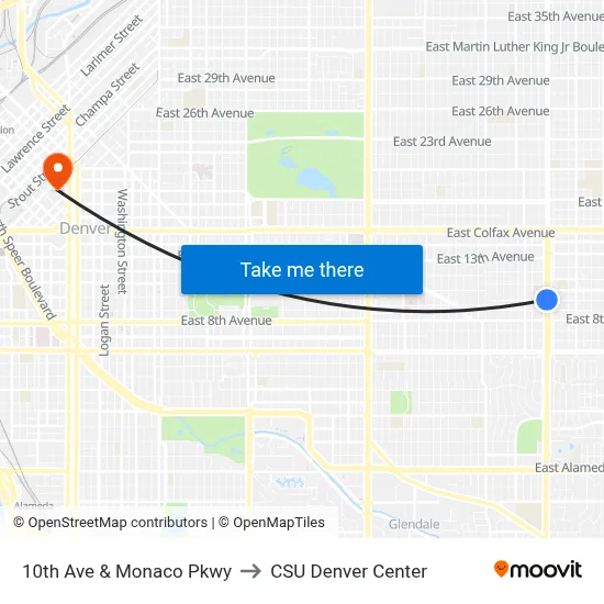 10th Ave & Monaco Pkwy to CSU Denver Center map