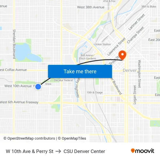 W 10th Ave & Perry St to CSU Denver Center map