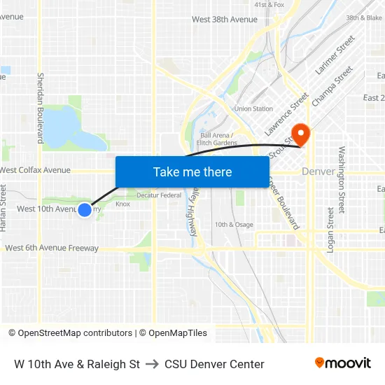 W 10th Ave & Raleigh St to CSU Denver Center map