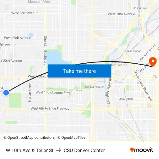 W 10th Ave & Teller St to CSU Denver Center map