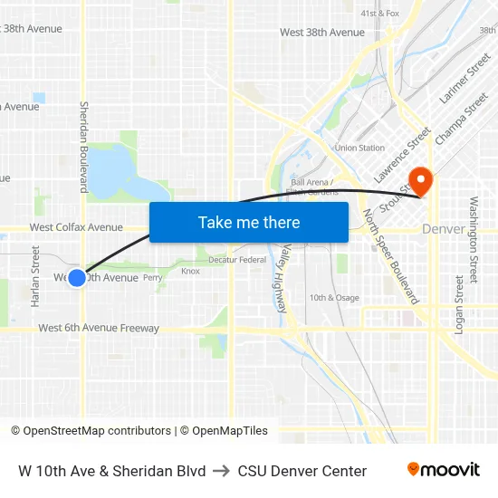 W 10th Ave & Sheridan Blvd to CSU Denver Center map