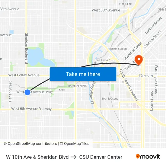 W 10th Ave & Sheridan Blvd to CSU Denver Center map