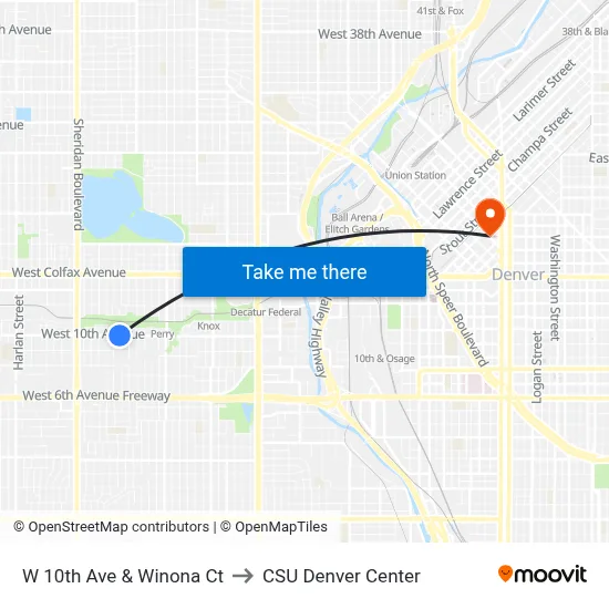 W 10th Ave & Winona Ct to CSU Denver Center map