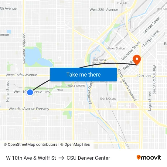 W 10th Ave & Wolff St to CSU Denver Center map