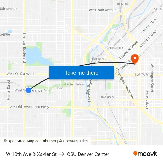 W 10th Ave & Xavier St to CSU Denver Center map