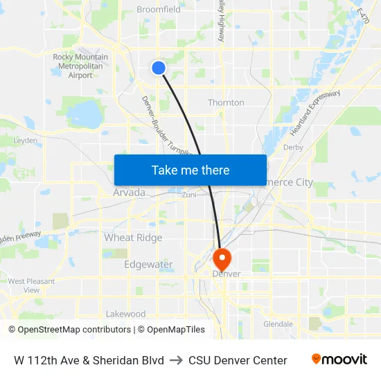 W 112th Ave & Sheridan Blvd to CSU Denver Center map