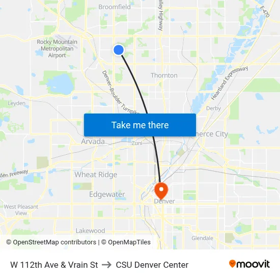 W 112th Ave & Vrain St to CSU Denver Center map