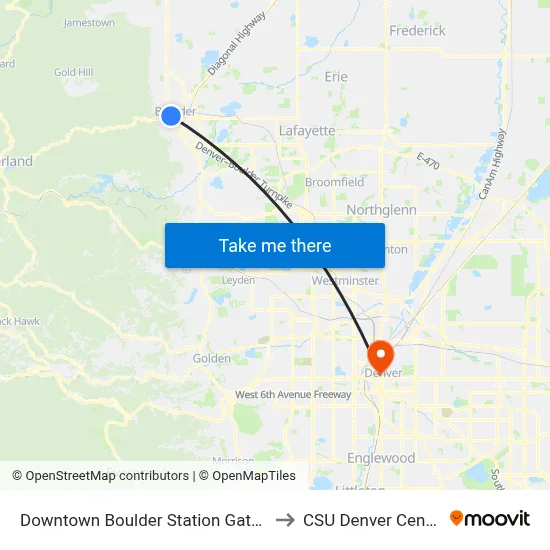 Downtown Boulder Station Gate B to CSU Denver Center map
