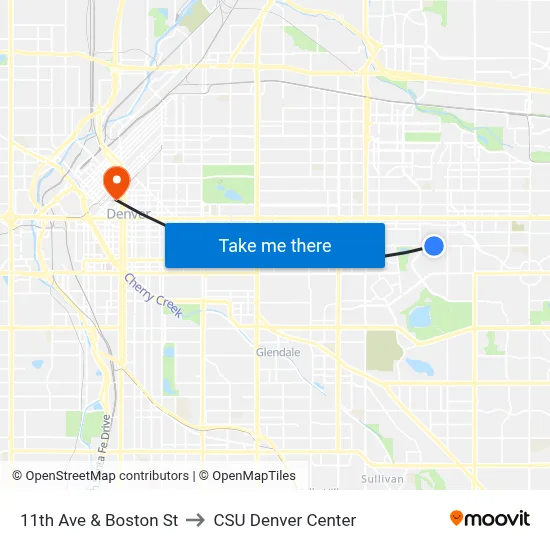 11th Ave & Boston St to CSU Denver Center map