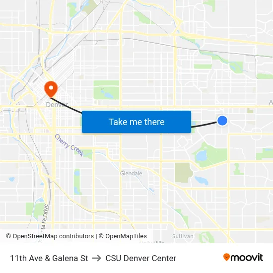 11th Ave & Galena St to CSU Denver Center map