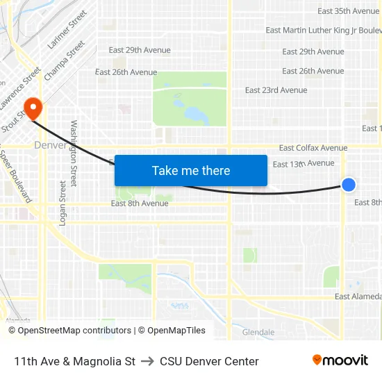11th Ave & Magnolia St to CSU Denver Center map