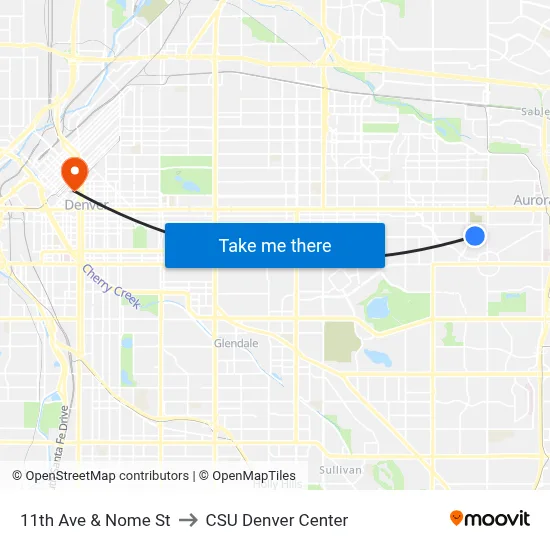 11th Ave & Nome St to CSU Denver Center map