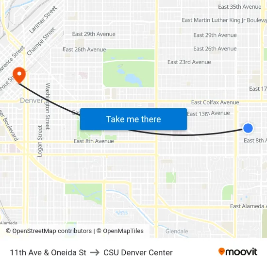 11th Ave & Oneida St to CSU Denver Center map