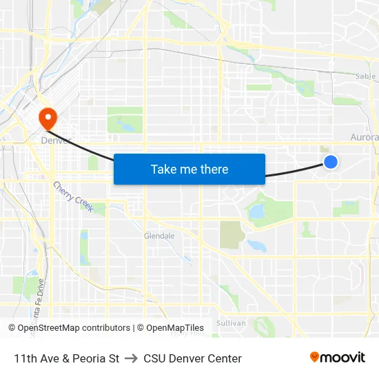 11th Ave & Peoria St to CSU Denver Center map