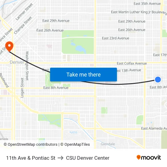 11th Ave & Pontiac St to CSU Denver Center map