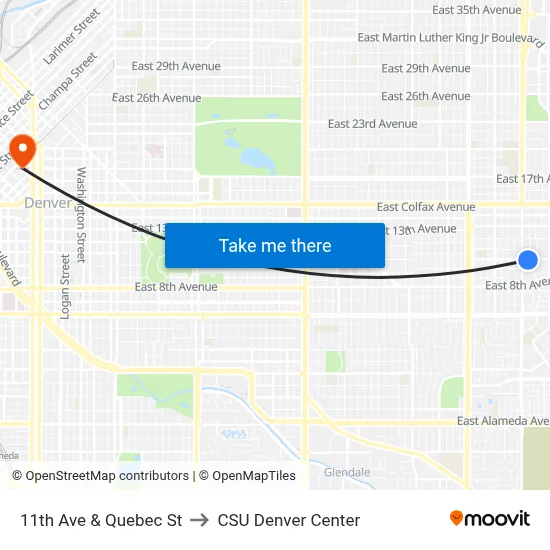 11th Ave & Quebec St to CSU Denver Center map