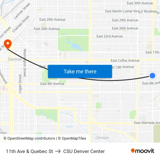 11th Ave & Quebec St to CSU Denver Center map