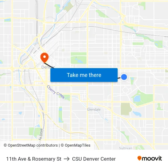 11th Ave & Rosemary St to CSU Denver Center map