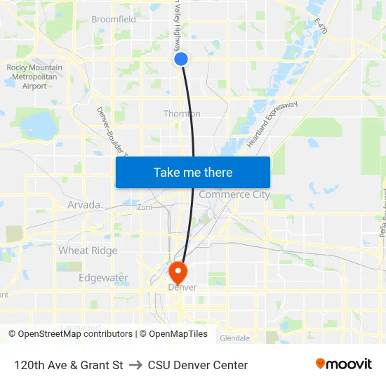 120th Ave & Grant St to CSU Denver Center map
