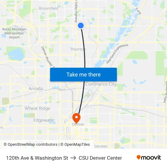 120th Ave & Washington St to CSU Denver Center map