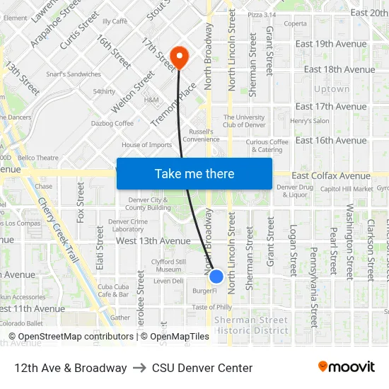12th Ave & Broadway to CSU Denver Center map