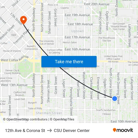 12th Ave & Corona St to CSU Denver Center map