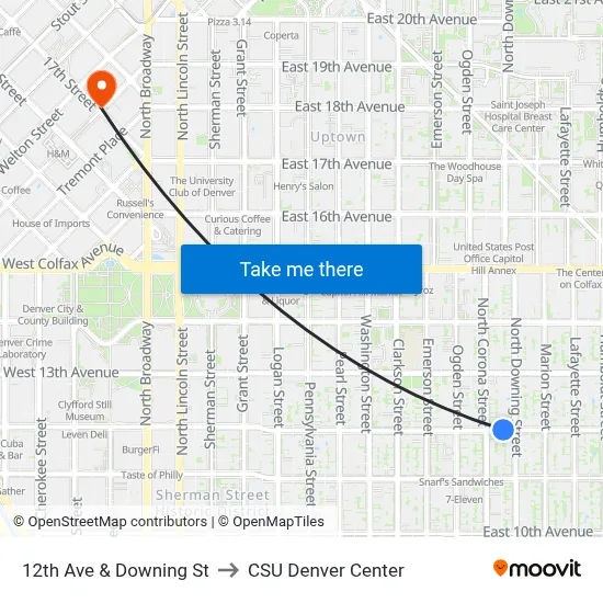 12th Ave & Downing St to CSU Denver Center map