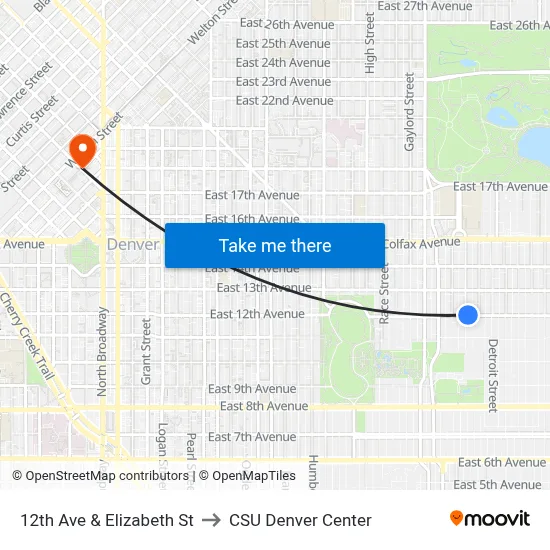12th Ave & Elizabeth St to CSU Denver Center map