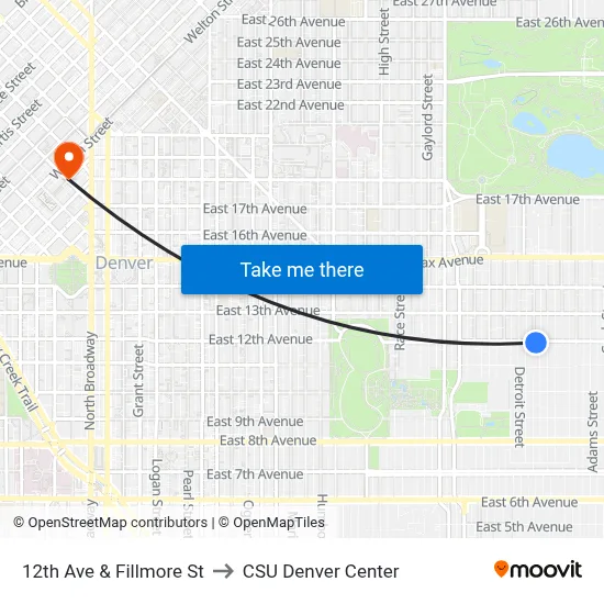 12th Ave & Fillmore St to CSU Denver Center map