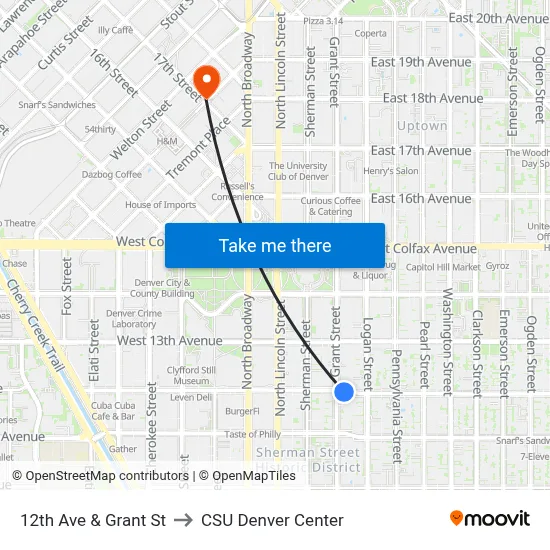 12th Ave & Grant St to CSU Denver Center map