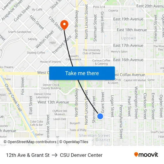 12th Ave & Grant St to CSU Denver Center map