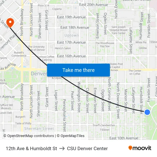 12th Ave & Humboldt St to CSU Denver Center map