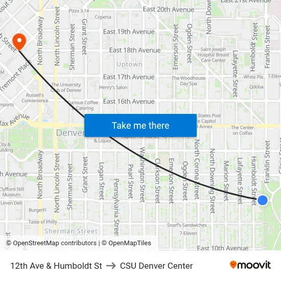 12th Ave & Humboldt St to CSU Denver Center map