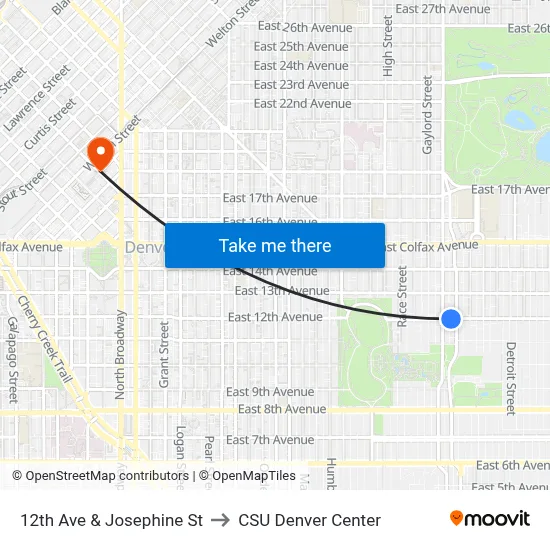 12th Ave & Josephine St to CSU Denver Center map