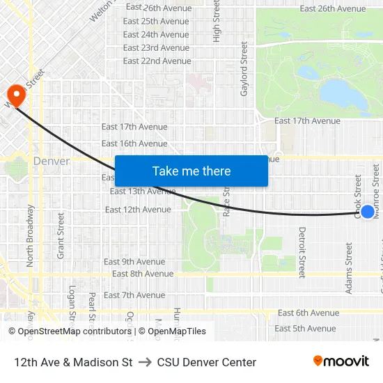 12th Ave & Madison St to CSU Denver Center map