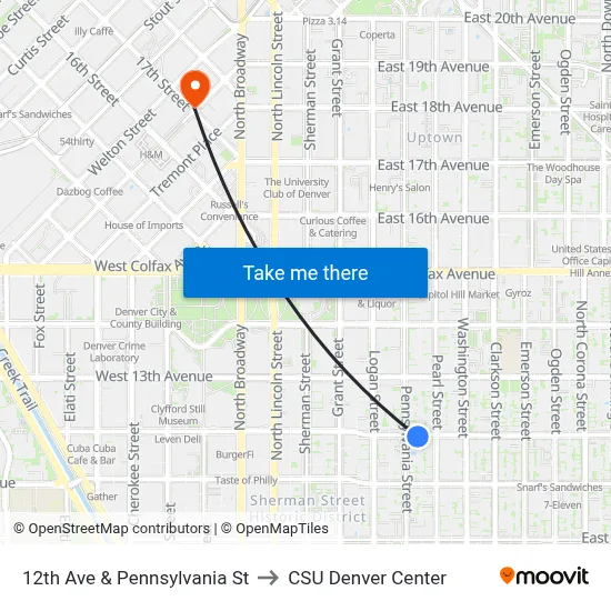 12th Ave & Pennsylvania St to CSU Denver Center map