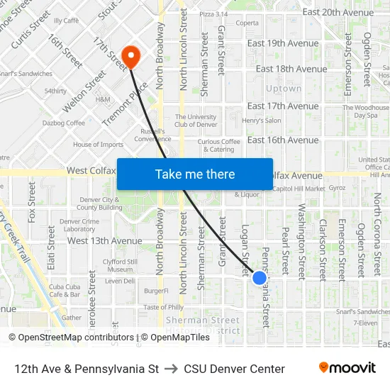 12th Ave & Pennsylvania St to CSU Denver Center map