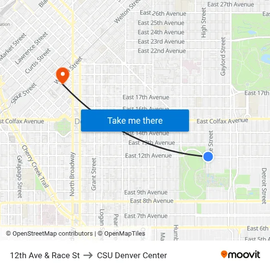 12th Ave & Race St to CSU Denver Center map