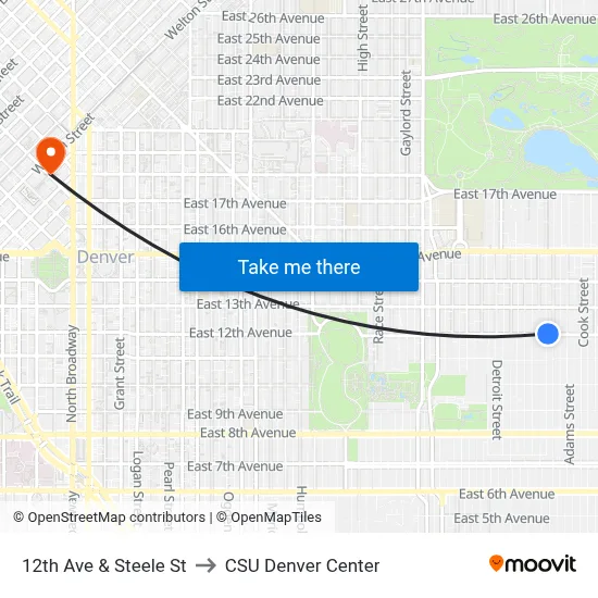 12th Ave & Steele St to CSU Denver Center map