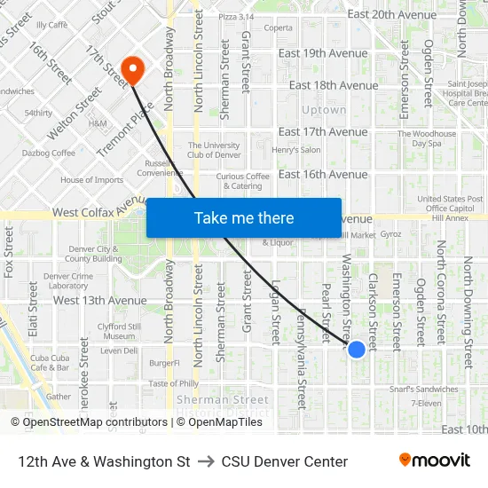 12th Ave & Washington St to CSU Denver Center map