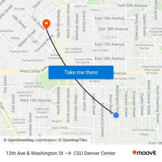 12th Ave & Washington St to CSU Denver Center map